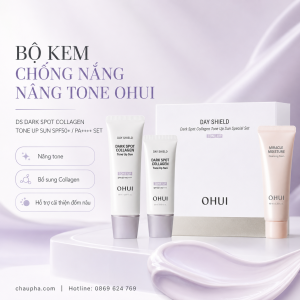 OHUI Day Shield Dark Spot Collagen Tone Up Sun Set – Bộ chống nắng nâng tone 50ml + 30ml + sữa rửa mặt 40ml